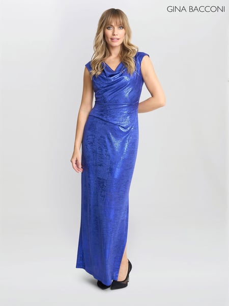 Gina Bacconi Blue Justina Foil Print Cowl Neck Maxi Dress (AN6949) | € 125