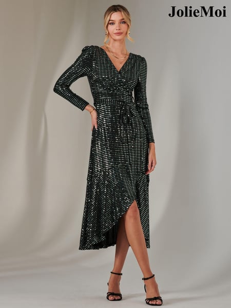 Jolie Moi Light green Long Sleeve Metallic Spot Maxi Dress (AN7121) | € 117