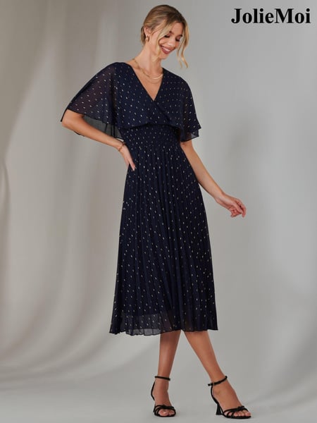 Jolie Moi Blue Metallic Spot Chiffon Pleated Dress (AN7126) | € 117