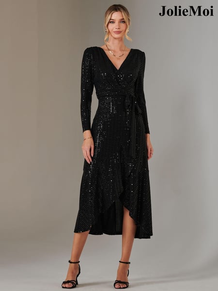 Jolie Moi Charcoal Black Long Sleeve Metallic Spot Maxi Dress (AN7130) | € 117