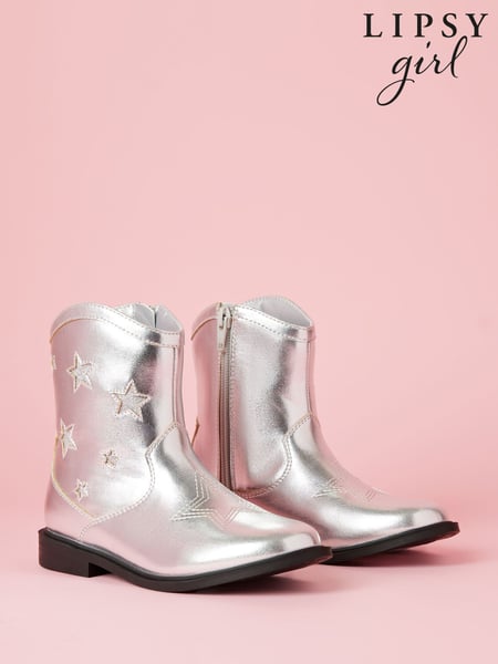 Lipsy Silver Star Flat Faux Leather Western Ankle Boots (AN7320) | € 55 - € 61
