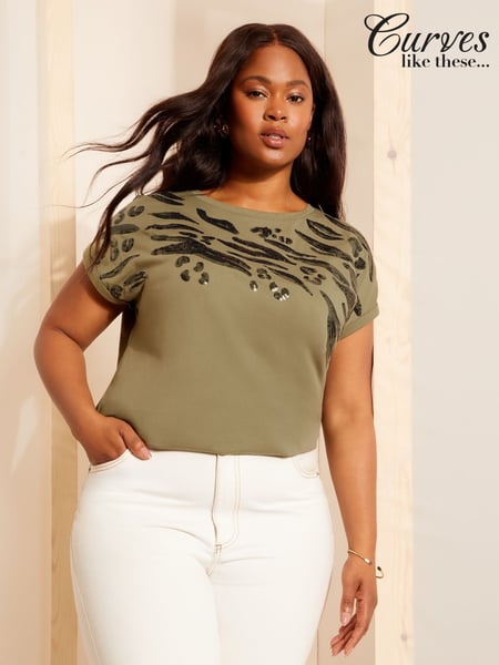 Curves Like These Green Oversized Short Sleeve Sequin 100% Cotton Tunic (AN8248) | € 21
