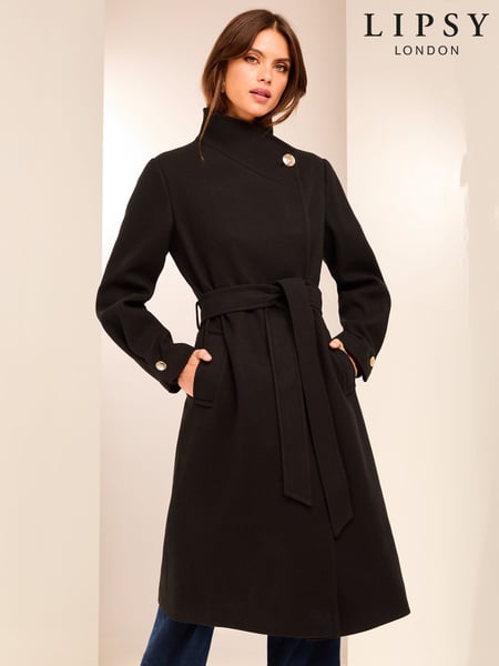 Lipsy Black Petite Funnel Neck Wrap Belted Coat With Wool (AN8261) | € 72