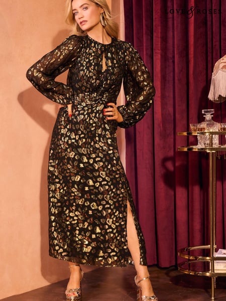 Love & Roses Black Leopard Print Jacquard Twist Front Midi Dress (AN8288) | € 43