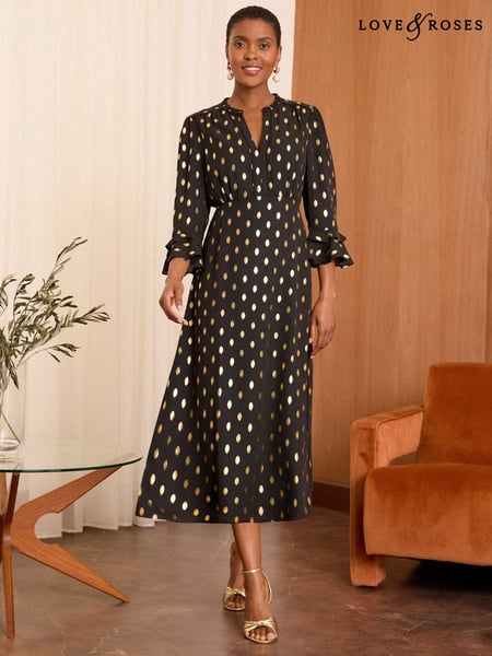 Love & Roses Black Dash Foil Flute Sleeve Midi Dress (AN8362) | € 54