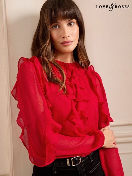 Love & Roses Red Print Ruffle Crew Neck Long Sleeve Blouse (AN8374) | € 41