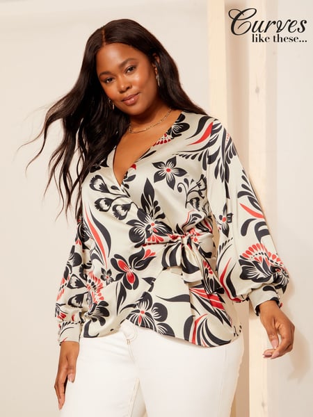 Curves Like These Cream Long Sleeve Satin Wrap Blouse (AN8388) | € 41