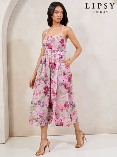 Lipsy Pink Floral Bandeau Midi Prom Dress with Removable Cami Straps (AN8484) | € 81