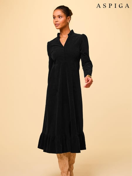 Aspiga Black 100% Cotton Percy Midi Stretch Corduroy Dress (AN9147) | € 390