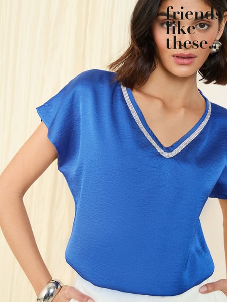 Friends Like These Blue V-Neck Diamante Trim Short Sleeve Blouse (AN9163) | € 50