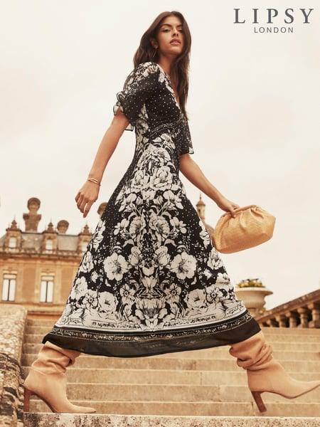 Lipsy Black/White Flutter Sleeve Polka Dot Floral Chiffon Midi Dress (AN9323) | € 53