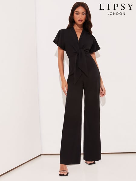 Lipsy Black Flutter Sleeve V-Neck Tie Front Wide Leg Jumpsuit (AN9325) | € 43
