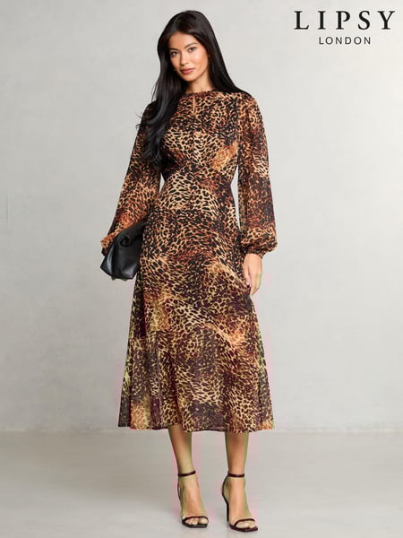 Lipsy Natural Leopard Print Long Sleeve Woven Underbust Midi Dress (AN9347) | € 48