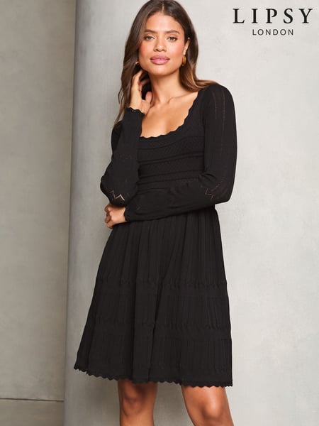 Lipsy Black Long Sleeve Stitch Detail Lantern Knitted Dress (AN9803) | € 54
