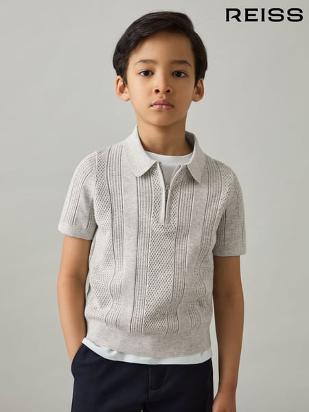 Reiss Grey Melange Texas 9-13 yrs Textured-Knit Half-Zip Polo Shirt (AP0267) | € 66