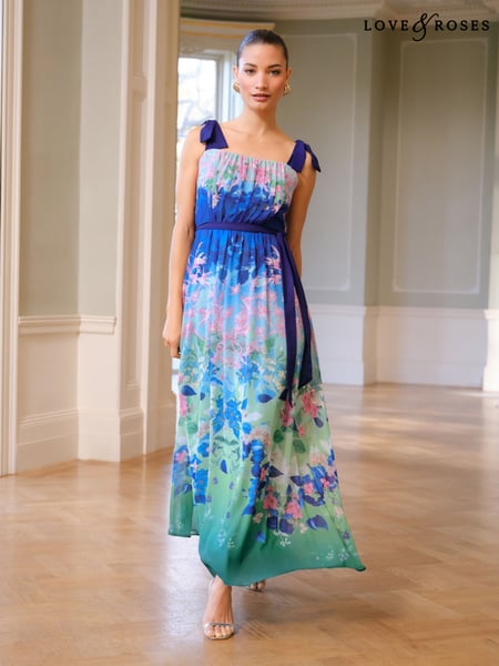 Love & Roses Blue Floral Ombre Tie Shoulder Belted Midaxi Dress (AP0464) | € 123