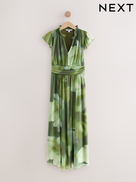 Green Floral Pleated Mesh Print V-Neck Occasion Midi Dress (AP0618) | € 100
