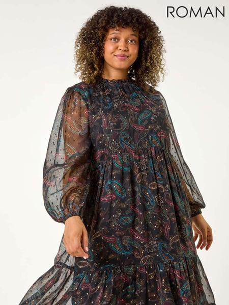 Roman Blue Curve Metallic Print High Neck Swing Dress (AP0647) | € 90