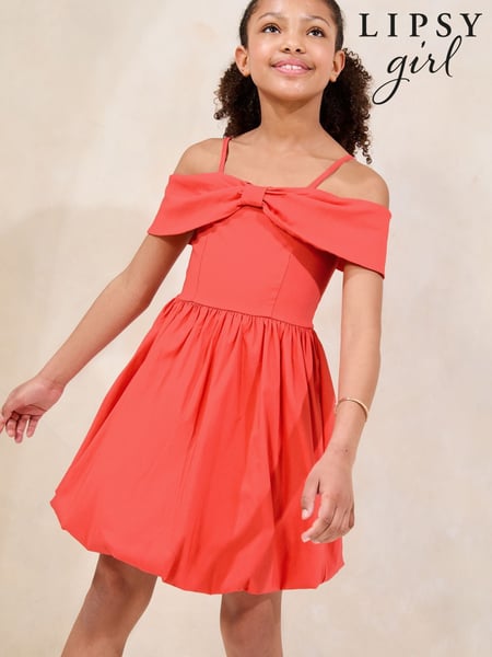 Lipsy Coral Pink Bow Bardot Puffball Dress (5-16yrs) (AP0864) | € 58 - € 70
