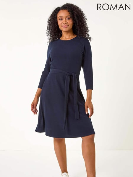 Roman Blue Petite Ribbed Tie Waist Detail Dress (AP0939) | € 70
