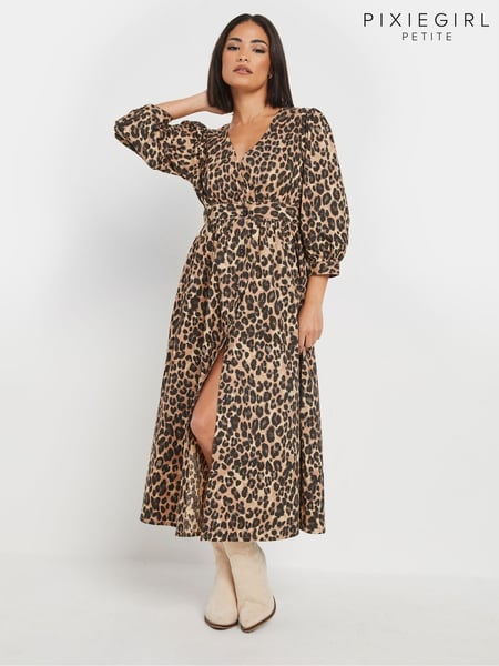 PixieGirl Petite Natural Animal Leopard Print Long Sleeve Button Front Midi Dress (AP4414) | € 61
