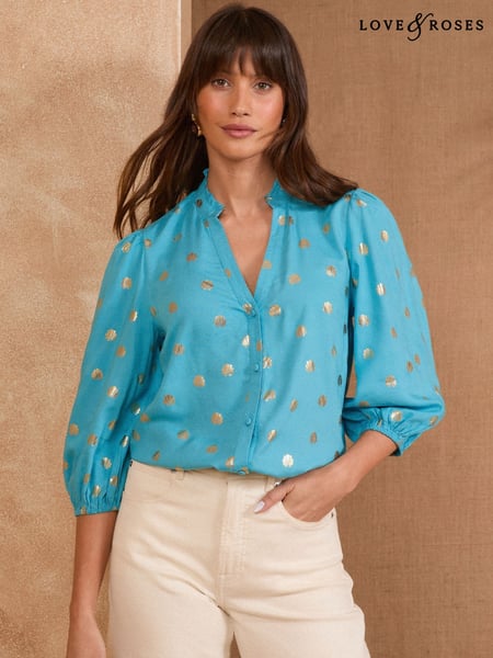 Love & Roses Blue Shell Pie Crust Detail 3/4 Sleeve Blouse (AP5059) | € 56
