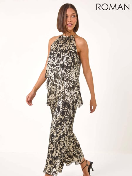 Roman Metallic Abstract Foil Print Plisse Jumpsuit (AP5728) | € 122