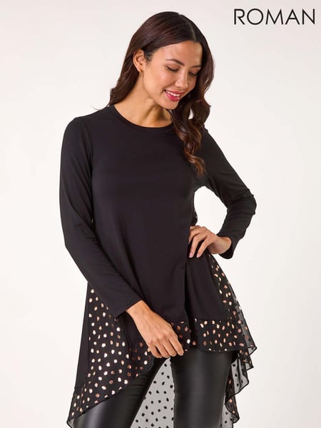 Roman Black Foil Spot Print Chiffon Hem Top (AP5841) | € 62