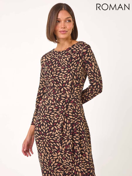 Roman Brown Leaf Print Side Twist Stretch Midi Dress (AP5883) | € 86