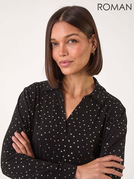 Roman Black Heart Print Foil Collar Stretch Top (AP5889) | € 75