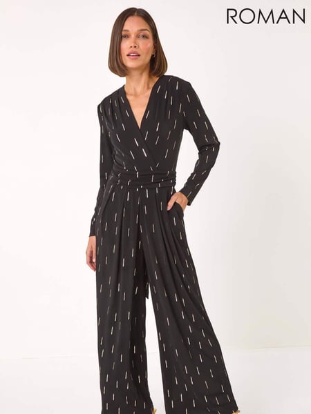Roman Black Foil Print V-Neck Stretch Jumpsuit (AP5905) | € 101