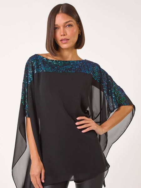 Roman Green Sequin Yoke Contrast Chiffon Top (AP5950) | € 78