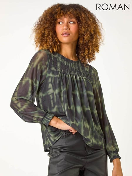 Roman Green Shirred Yoke Print Mesh Top (AP5976) | € 66