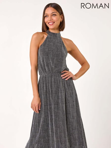 Roman Metallic Sparkle Halter Neck Stretch Midi Dress (AP6066) | € 101