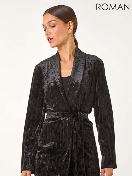 Roman Black Striped Velvet Tie Waist Jacket (AP6067) | € 101