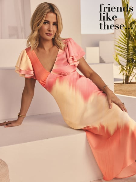 Friends Like These Pink Ombre Ombre Millie Mackintosh Satin V-Neck Ruffle Sleeve Midi Dress (AP6349) | € 75