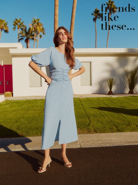 Friends Like These Pale Blue Ruched Front Puff Sleeve Midi Dress (AP6743) | € 76