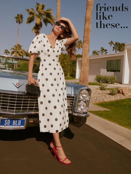 Friends Like These White Spot V-Neck Satin Puff Sleeve Midi Dress (AP6744) | € 76