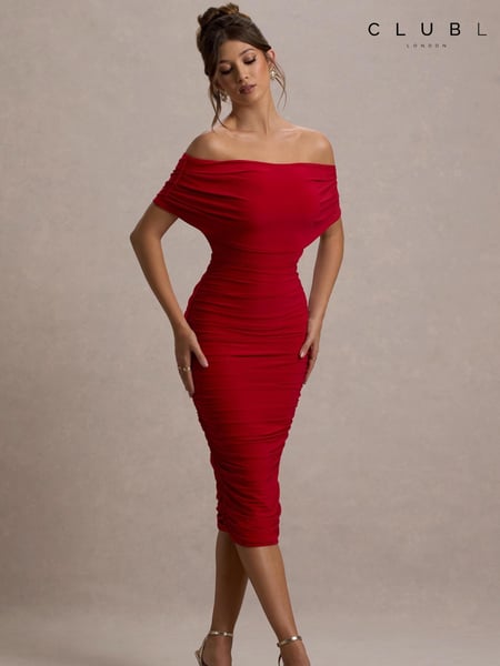 Club L London Red Rayleigh Bardot Ruched Midi Dress (AP6753) | € 109