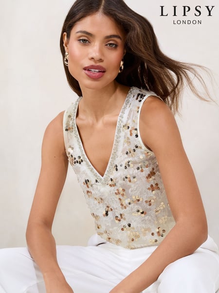 Lipsy Cream Sequin Embellished Feather Vest (AP6865) | € 62
