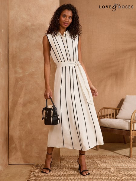 Love & Roses Ivory Petite Contrast Tipping Belted Midi Shirt Dress (AP7043) | € 97