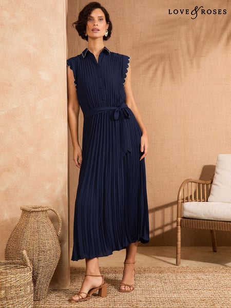 Love & Roses Navy Pleated Tipped Scallop Midi Shirt Dress (AP7047) | € 97