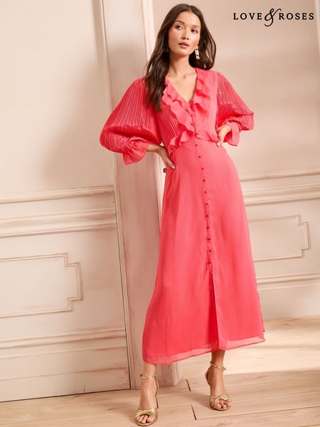 Love & Roses Coral Pink Pleated Ruffle Midi Dress (AP7052) | € 108