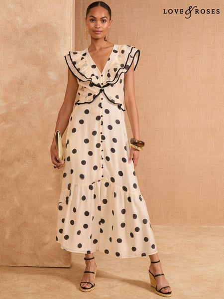 Love & Roses Black/White Spot Ruffle V-Neck Short Sleeve Midi Dress (AP7053) | € 123