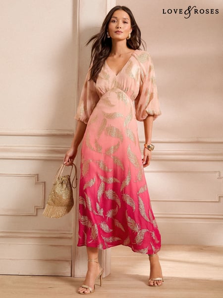 Love & Roses Pink Feather Metallic Puff Sleeve Midi Dress (AP7058) | € 128