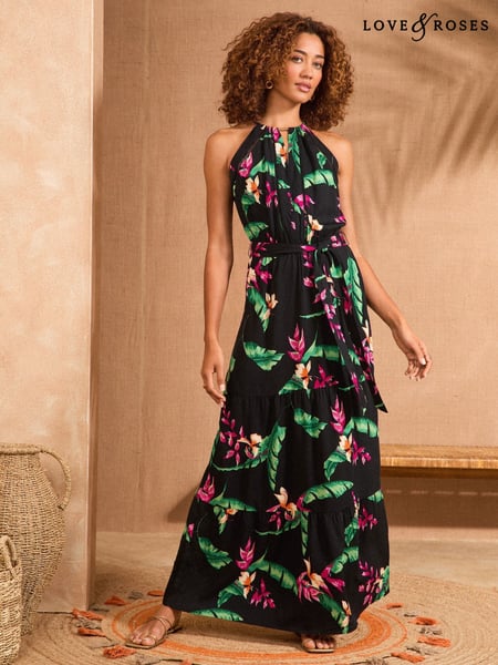 Love & Roses Black Tropical Petite Halter Neck Trim Detail Belted Midaxi Dress (AP7062) | € 78
