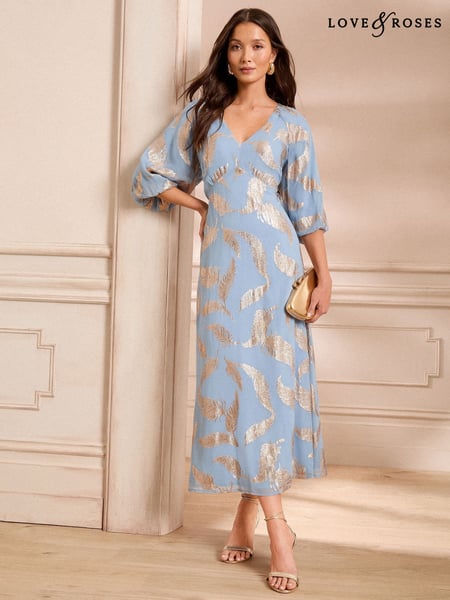 Love & Roses Blue Feather Metallic Puff Sleeve Midi Dress (AP7075) | € 123