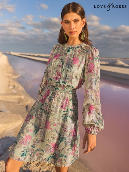 V&A I Love & Roses Sage Floral Petite Metallic Ruffle Detail Mini Dress (AP7089) | € 108