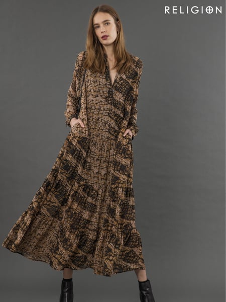 Religion Brown Sunset Maxi Shirt Dress With A Tiered Boho Style Skirt In Abstract Prints (AP8147) | € 148