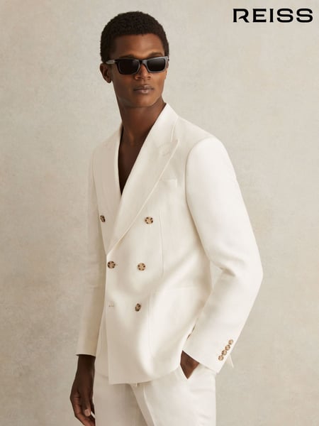 Reiss White Park Linen Double-Breasted Suit Blazer Slim-Fit in Herringbone (AP8475) | € 621